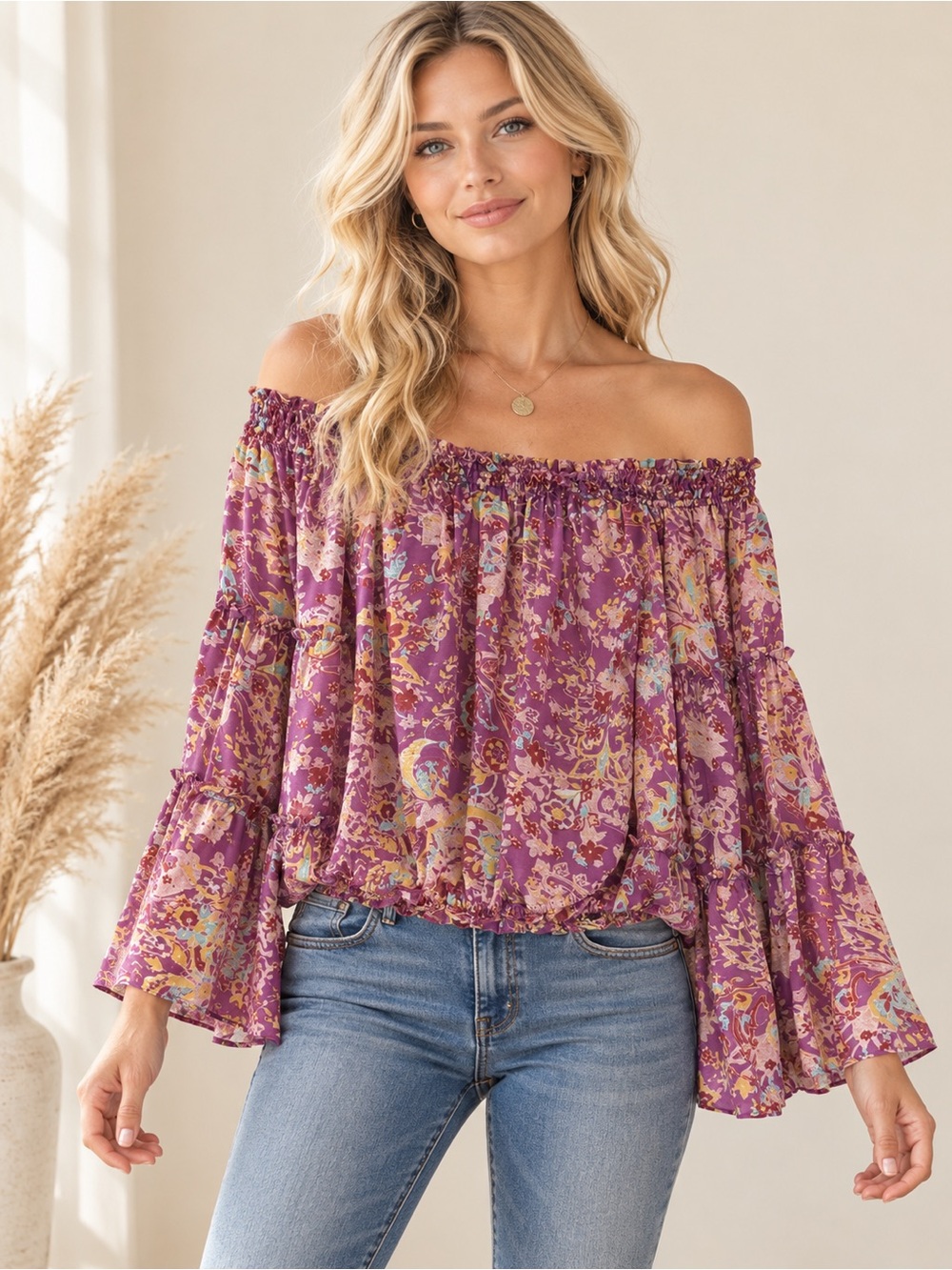 RARE Free People Off-Shoulder Floral Peasant Blouse - Purple